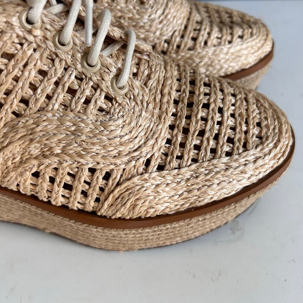 Schutz Platform Loafer wedge Size 8.5 tan Bordado rattan preppy Coastal - Picture 6 of 11